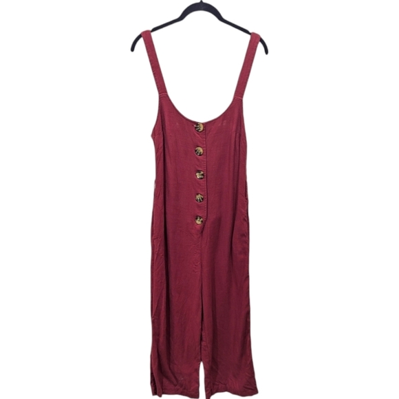 Modcloth Rich Red Linen Blend Button Front Cropped Jumper Overalls (XS) - Picture 3 of 8
